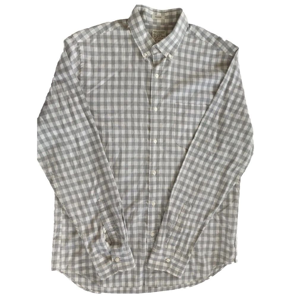 J.CREW Men Long sleeved Shirt Stretch Classic Medium Organic Cotton Plaid Beige